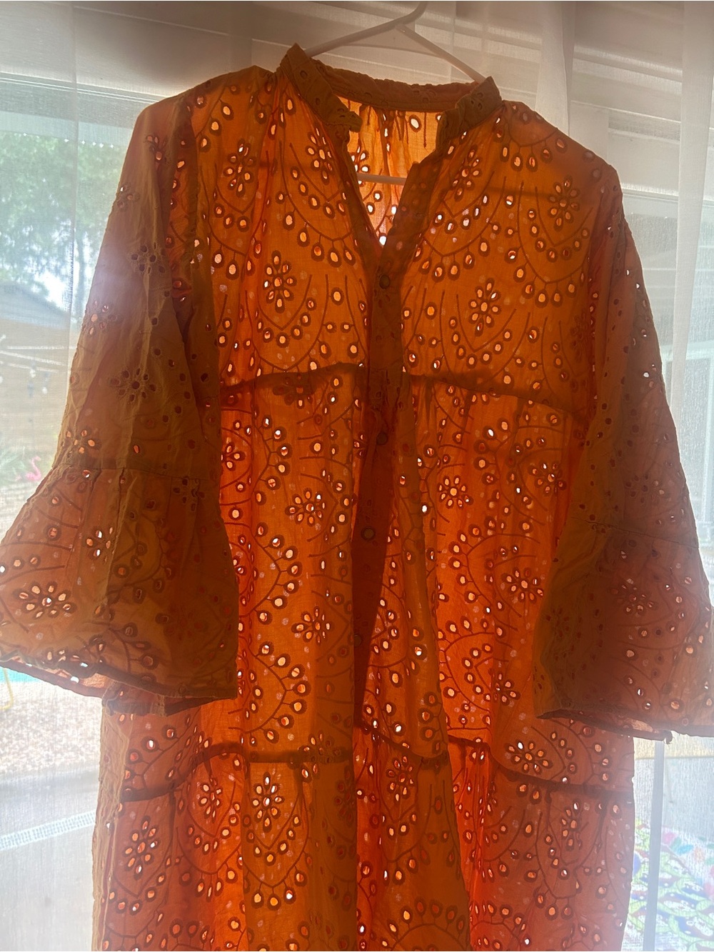 Orange Eyelet Midi Dress with Bell Sleeves